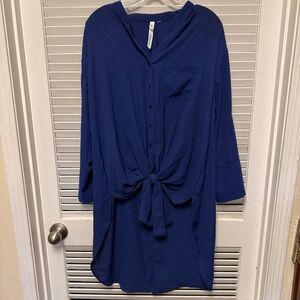 Blue Tie-Front Button Shirt /Dress - Women Tops
